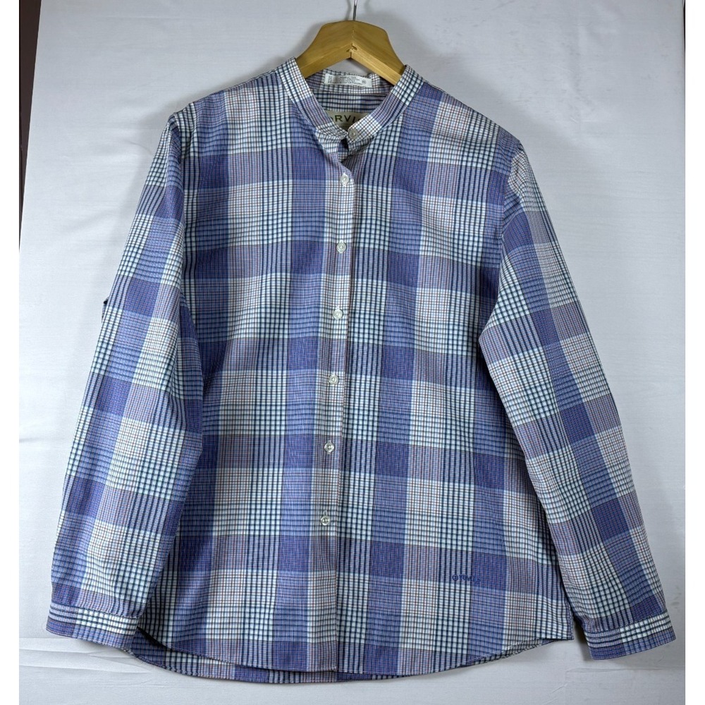 Orvis Womens Blue Plaid‎ Mandarin Collar Wrinkle Free Button Down Shirt Size 16